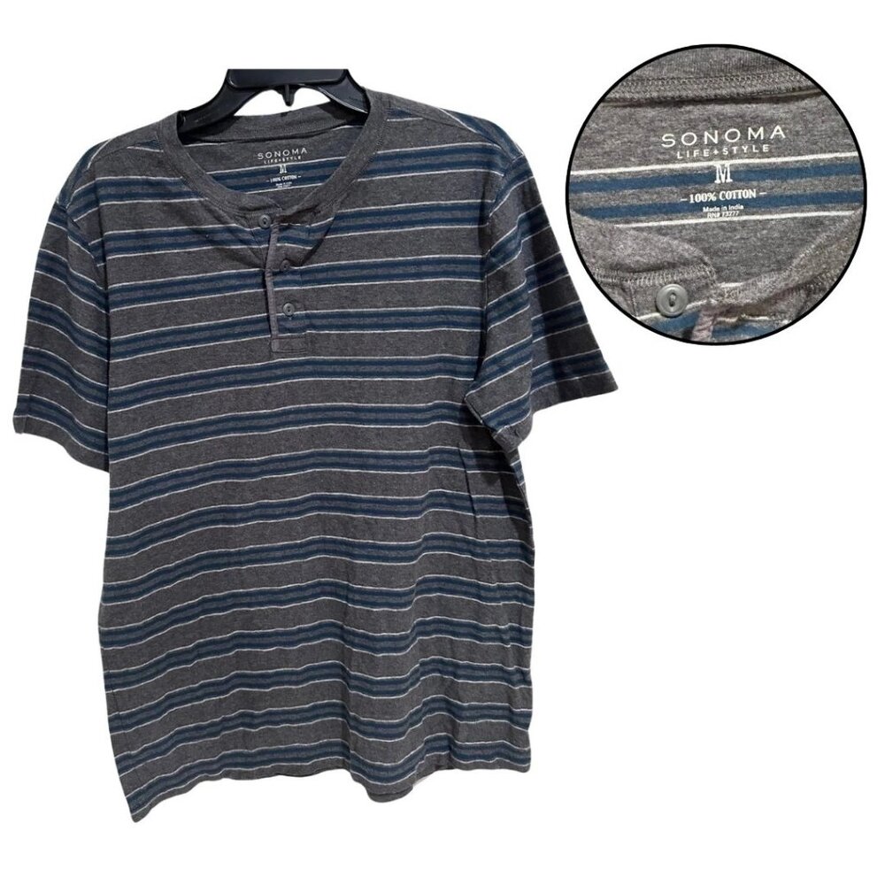 Sonoma Gray Striped Henley Shirt Mens Medium 100% Cotton